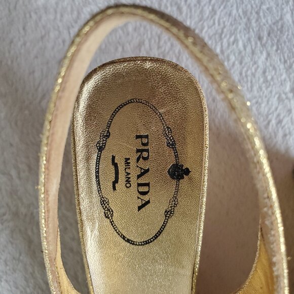 Prada Gold Metallic Peep-toe Slingback Wedge Sandals - Picture 5 of 7